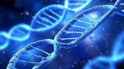 A hyper-detailed 3D illustration of a DNA double helix particle surrounded by swirling protein strands and floating nanomolecules, soft blue lighting highlighting the complex structure.