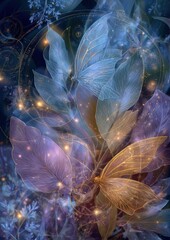 Enchanting ethereal botanical display featuring luminous flora and mystical celestial accents