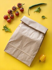 Brown paper bag surrounded by fresh vegetables on vibrant yellow surface — cherry tomatoes, broccoli, chili, lettuce, and bell pepper