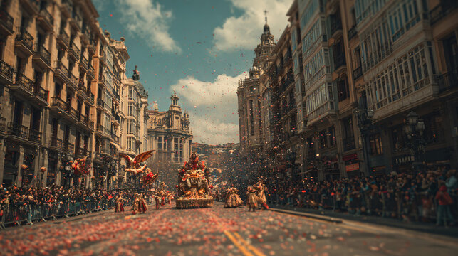 Cinematic footage of "Gigantes y Cabezudos" parade winding through Bilbao&rsquo;s old town, camera panning past towering papier-m&acirc;ch&eacute; figures dancing with crowds below