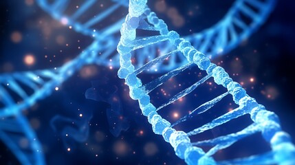 A hyper-detailed 3D illustration of a DNA double helix particle surrounded by swirling protein strands and floating nanomolecules, soft blue lighting highlighting the complex structure.