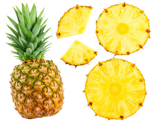 Top View of Whole Pineapple with Side-Cut and Separate Slice &ndash; Isolated PNG Cutout