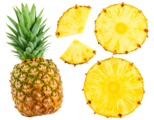 Top View of Whole Pineapple with Side-Cut and Separate Slice – Isolated PNG Cutout