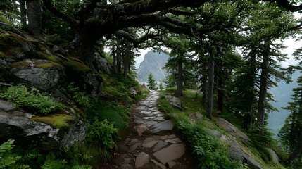 Stone path through lush green forest, mountain view