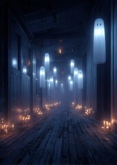 Ethereal Specters Haunting a Dimly Lit Corridor of an Ancient and Weathered Structure