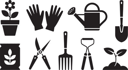 Fototapeta premium Essential Gardening Tools & Equipment Icons for Outdoor Work