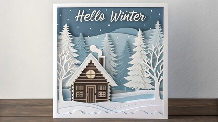 Cozy winter cabin scene with hello winter greeting