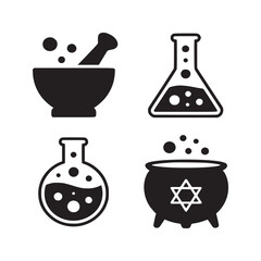 Four black and white icons depicting a mortar and pestle flasks and a cauldron with bubbles and a star
