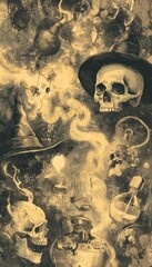 Intriguing depiction of spectral skulls, potion bottles, and witch hats in a mystical atmosphere