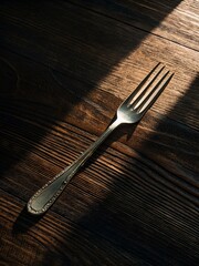 Silver fork with patterned handle diagonally placed on wooden surface in natural light, evoking quiet rustic elegance and shadow play