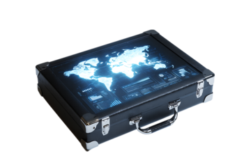 World map glowing inside a vintage suitcase. Travel, adventure, global business concept.