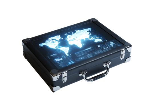 World map glowing inside a vintage suitcase. Travel, adventure, global business concept.