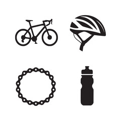 A collection of cycling essentials including a bicycle helmet chain and water bottle in black silhouette