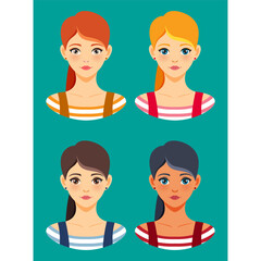 Set of 4 diverse girl avatars with ponytail hairstyle and striped shirts in flat cartoon style. Great for profile icons, character design, apps, or educational graphics.