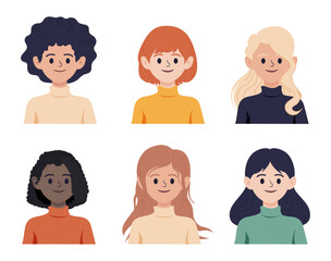 Woman hairstyles. Female haircuts. Trendy long and short loose hair. Brunette girls heads. Curly, wavy and straight hairdo types.