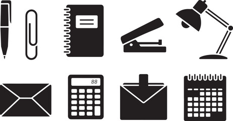 Obraz premium Office & Stationery Supplies Icons: Notebook, Stapler, Calculator, Envelope