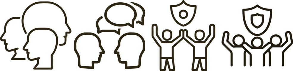 Secure Community Collaboration: Icons Representing Group Protection, Communication, and Unity