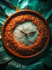 Round wooden bowl filled with white and brown rice arranged like a clock, placed on green leaves — evoking symbolism and rustic creativity