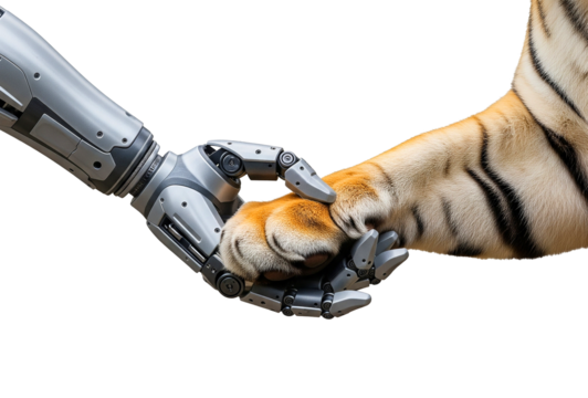 Robotic hand and tigers paw shake hands, symbolizing partnership and collaboration between technology and nature, isolated on transparent background