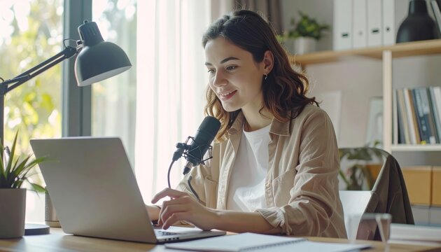Young professional Caucasian woman in modern home office setup, engaged in remote work or virtual meeting, representing hybrid work trends, digital communication, and flexible professional lifestyle.