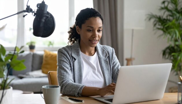 Young professional African American woman in modern home office setup remote work or virtual meeting - Powered by Adobe