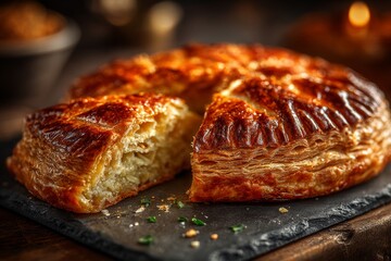 Golden-brown galette des rois, almond puff pastry cake with flaky crust, topped with chives. Concept of galette des rois emphasizes rustic charm and inviting warmth.
