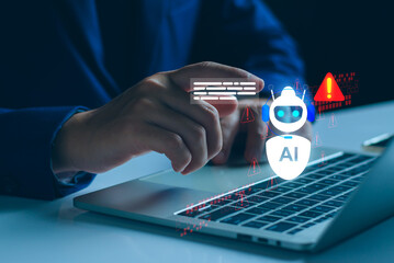 AI-powered system warning detection showing automated alerts on laptop, indicating cyber threats,...