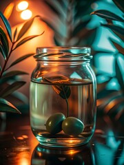 Two green olives attached to a small branch submerged in glass jar filled with water, with warm light and foliage backdrop — evoking purity and contrast