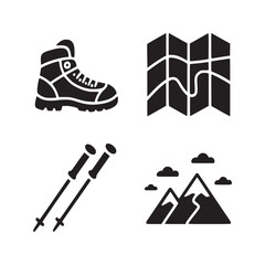 A hiking boot, a map, trekking poles, and a mountain range icon set against a white background
