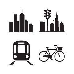Obraz premium Black and white silhouette images showing cityscapes train and bicycle for urban transportation icons