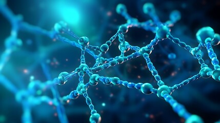 A modern 3D medical visualization of DNA and molecular particles, sharp neon blue and teal highlights against a dark, out-of-focus molecular network.