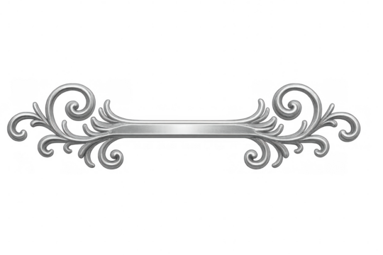 Silver metallic divider featuring intricate swirling patterns, elegant architectural element for graphic design with transparent backdrop