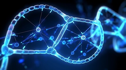 A realistic 3D visualization of a DNA helix encased in a shimmering bubble of protein particles, glowing softly in neon blue and silver against a dark backdrop.