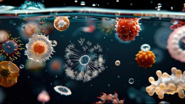 Aquatic micro ensemble: seed pod motifs and jelly disc cells illuminated in high-detail floating under a liquid boundary