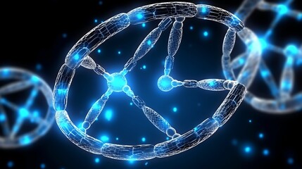 A realistic 3D visualization of a DNA helix encased in a shimmering bubble of protein particles, glowing softly in neon blue and silver against a dark backdrop.