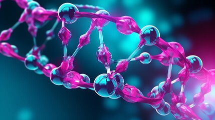 A realistic, close-up 3D illustration of a DNA molecule, floating protein clusters forming bonds around the helix, deep magenta and cyan color gradients in the background.