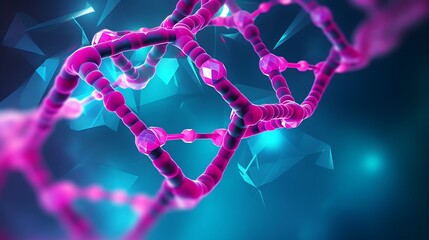 A realistic, close-up 3D illustration of a DNA molecule, floating protein clusters forming bonds around the helix, deep magenta and cyan color gradients in the background.