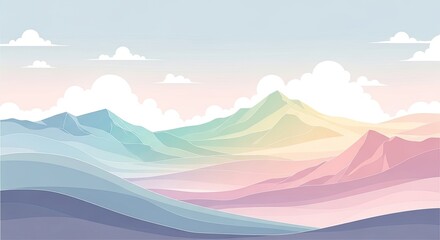 Pastel-colored illustration of layered mountains under a soft, cloudy sky, evoking tranquility and peace.