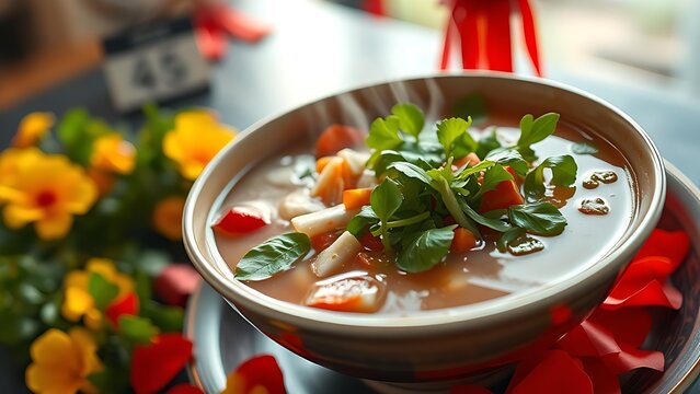 Vietnam National Day flag on silk cushion with bamboo leaves and lanterns
