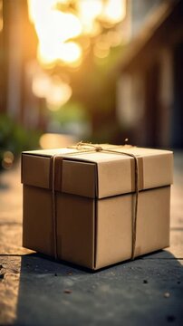 Brown parcel box on rustic wooden surface outdoors with sunlight and bokeh