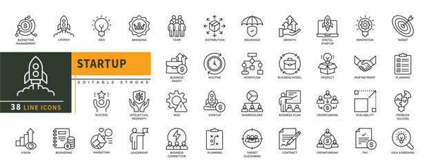 Minimalist Startup line icons set with editable stroke, featuring lounch, idea, btranding, team, distribution, insurance, growth, business profit, leadership, planning, tax. thin linear illustration.