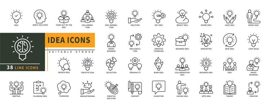 Minimalist Idea line icons set with editable stroke, featuring great solution, collaboration, idea generation, solution, key idea, originality, burn, sugestion, concept. thin linear illustration.
