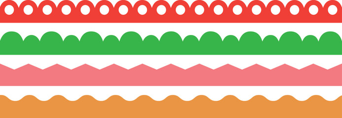 Scalloped edge seamless set. borders and dividers. Simple scalloped border. ornament border, Texture ribbons. Vector illustration isolated on white background. 