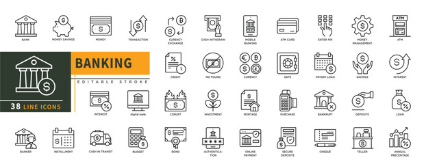 Minimalist Banking line icons set with editable stroke, featuring bank, money saving, money, transaction, curency exchange, corupt, cash in transit, investment, purchase. thin linear illustration.