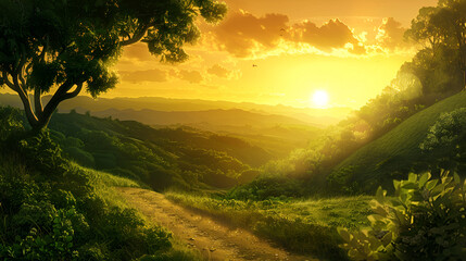 Fototapeta premium A landscape view of a dirt path leading into a valley at sunset with trees and hills in the background .