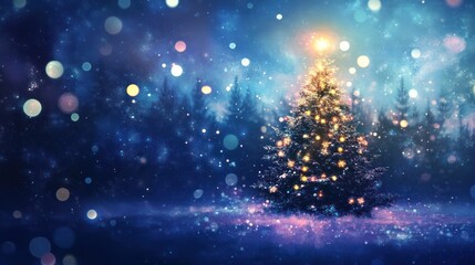 Obraz premium Enchanting Winter Night: A Mystical Christmas Tree Scene in a Snowy Forest