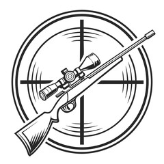 A monochromatic sniper rifle with scope lies over target crosshairs on a transparent background