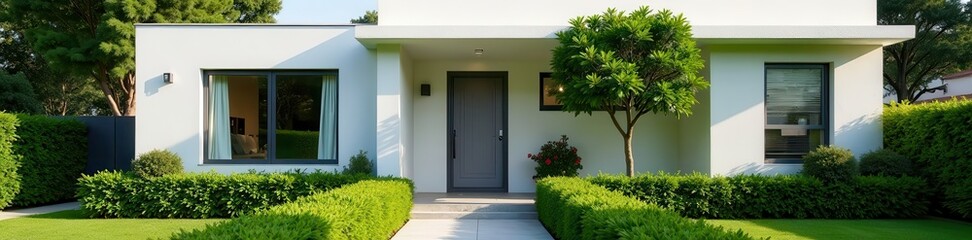 Fototapeta premium Neatly trimmed hedges frame minimalist house facade , structure, hedge
