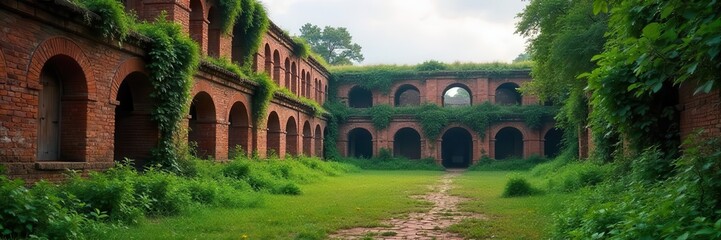 Fototapeta premium Overgrown brick structures, ancient Nalanda University remains, architecture, decay, travel