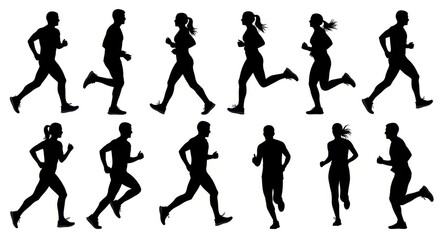 Silhouettes of people running isolated on white background